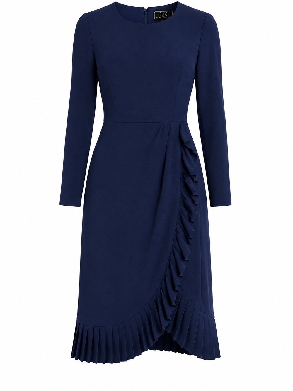 Carolina Herrera Deep Blue Long-Sleeve Pleated Ruffle Dress